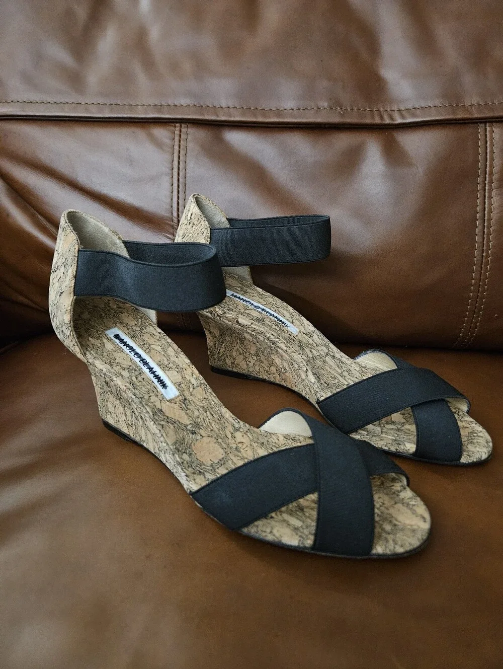 Manolo Blahnik Black Cork Wedge Sandals Heels EU 37